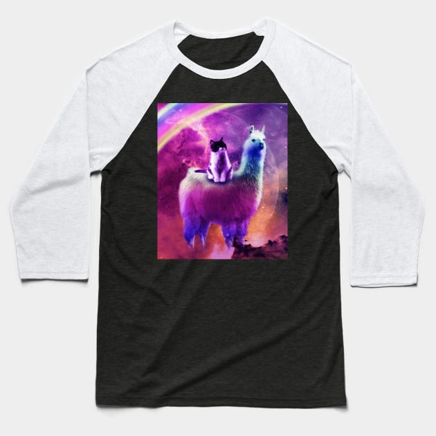 Kitty Cat Riding On Rainbow Llama In Space Baseball T-Shirt by Random Galaxy